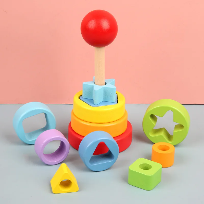 Baby Rainbow Tower Stacking Toys Montessori Wooden Colorful Stacking Puzzle Ring Early Educational Teaching Aids Baby Toys Gifts