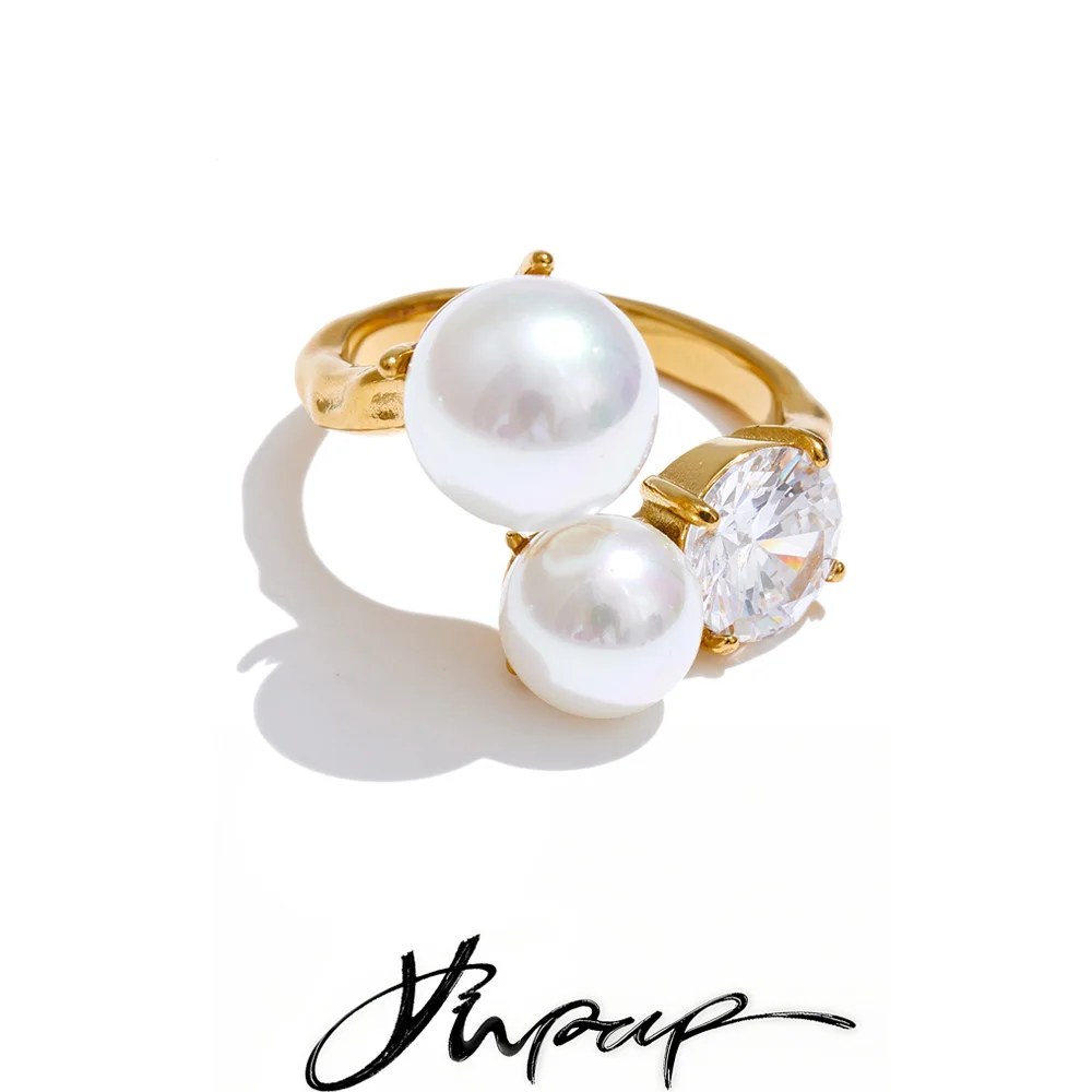 Yhpup Simulated Pearls Cubic Zirconia Ring Stainless Steel