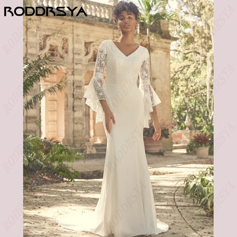 

RODDRSYA Mermaid Wedding Dress Flare Long Sleeve A-Line Bridal Party Soft Satin Zipper Back Bride Gown Appliques Lace Trouwjurk