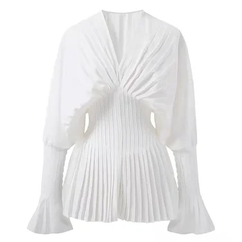 Elegant Women Loose White V-Neck Pleated Shirts Female Lantern Full Sleeve Tops Blouses Casual Blusas 2024 Spring Summer DS4 1