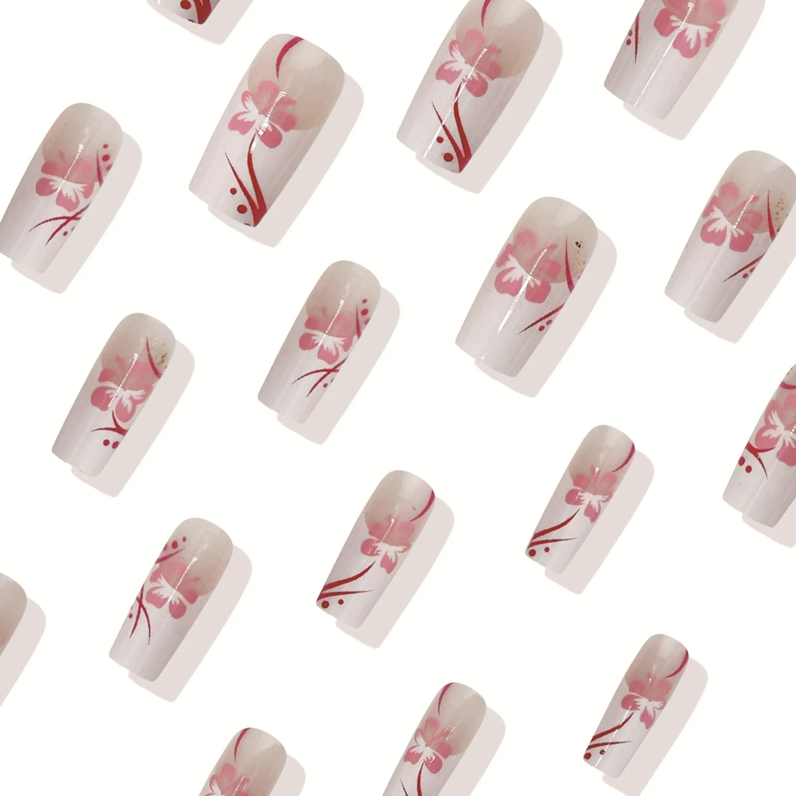 달콤한 소녀들을 위한 참 장식 가짜 손톱 24개, 화이트 프렌치 프레스온 네일, 핑크 꽃무늬 프린트 중간 길이 코핀 모양 인조 손톱 아트