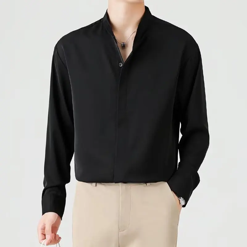 Erkek Uzun kollu Gömlek İlkbahar ve Yaz High-end Dökümlü Gömlek Gevşek Stand Yaka Gizli Düğme Basit Rahat Ceket Ince