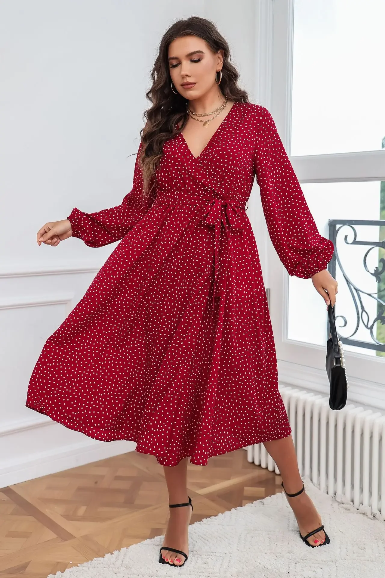 Plus Size Wrap V Neck Dresses Dotted Print Long Sleeves Boho Spring Fall A Line Swing Maxi Dress image