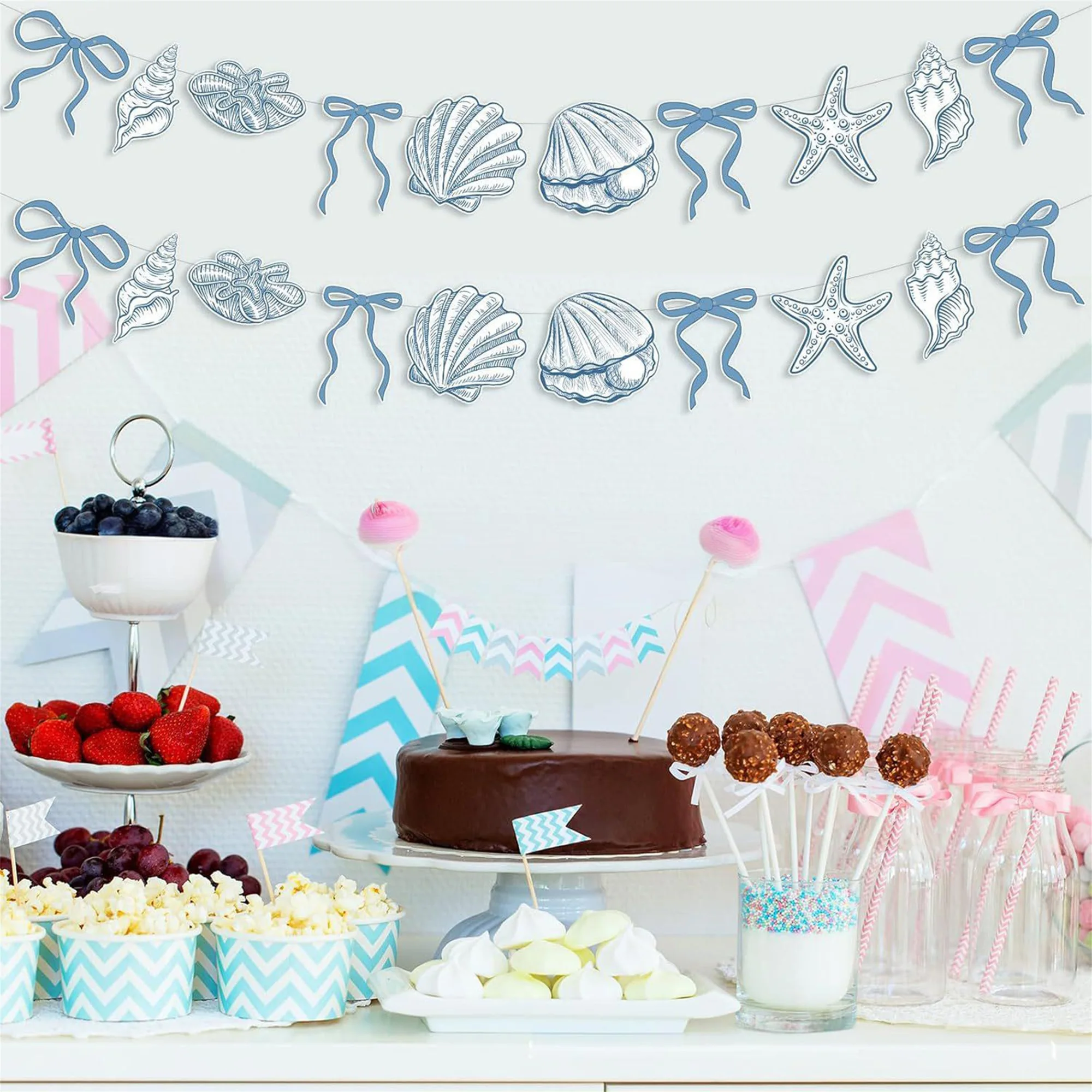 Coastal Party Decorations 2Pcs Seashell and Starfish Garland Set Paper Banner Hanging Beach Themed Party Supplies