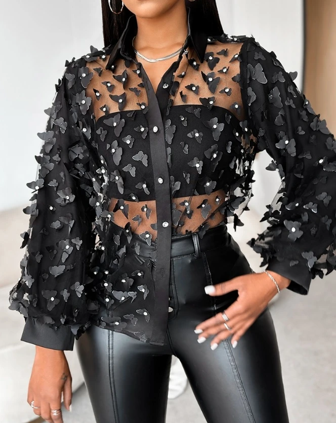 

Shirt for Women 2024 Spring Butterfly Pattern Lantern Sleeves Lapel Button Up See Through Sheer Mesh Top Blouse Female Clothing