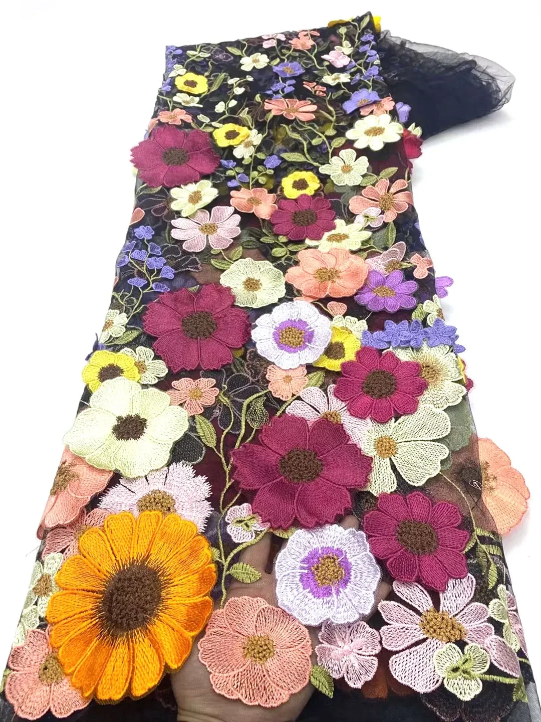 Tessuto Africano In Pizzo Ricamato Rosa E Nero – 5 Yards (457 Cm) Per Abiti Da Festa, 100% Poliestere - 2