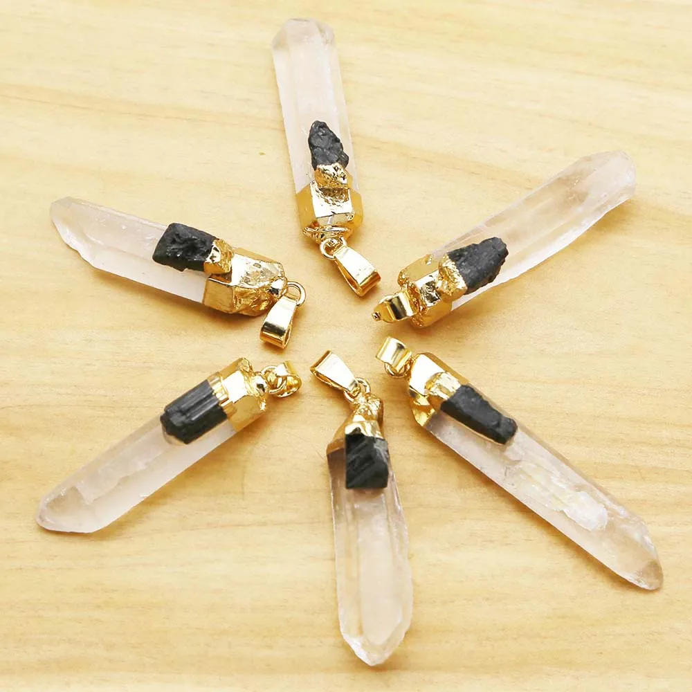 Sell Natural Raw Stone White Crystal Pillar Necklace Pendant Inset Obsidian Amethyst Charm Jewelry Accessories Wholesale 6Pc/Lot