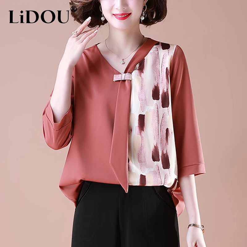 

2023 Spring Summer New Female Clothing Oversize V-neck Printing Three Quarter Pullovers Women Casual Fashion Chiffon T-shirt