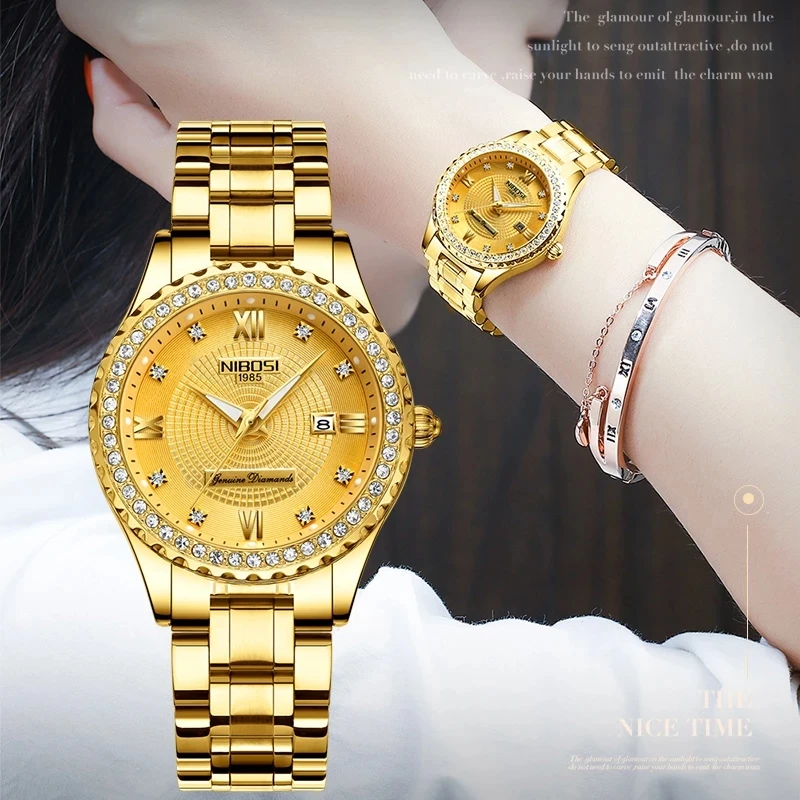 NIBOSI Fashion Womens Watches Top Brand Luxury Gold Quartz Watch for Women Stainless Steel Waterproof Luminous Date Wristwatch