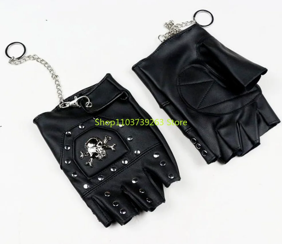 

Punk Gothic Leather Pair Fingerless Biker Sports Mountain Gloves With Cranium Studded For Men