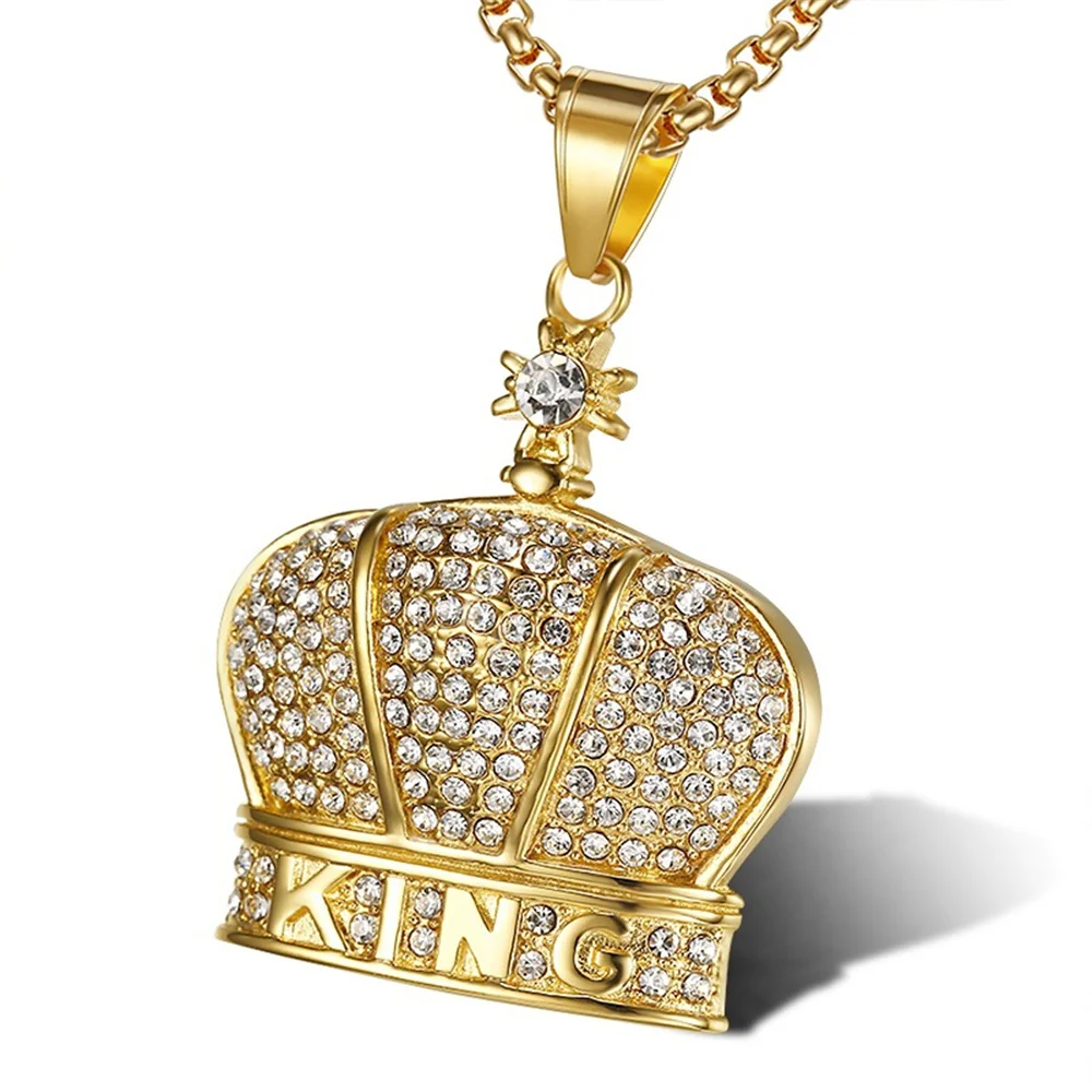 

Hip Hop Iced Out King Crown Charm Pendant Dropshipping Gold Color Stainless Steel Cubic Zirconia Bling Necklace For Men Jewelry