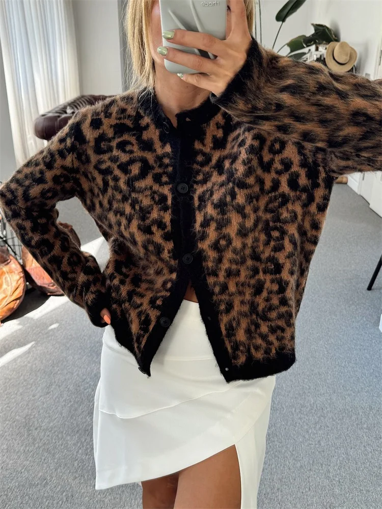Suéter tipo cárdigan de leopardo para mujer, con estampado de moda en contraste, holgado, de manga larga, para ir al trabajo, cárdigan de otoño para mujer