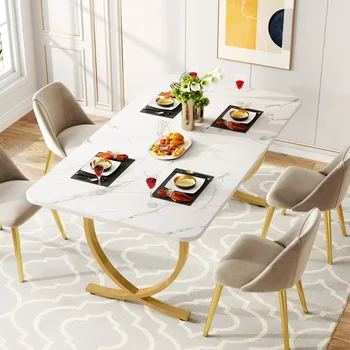 Tribesigns 63" Modern Dining Table Kitchen Table with Faux Marble Top 1