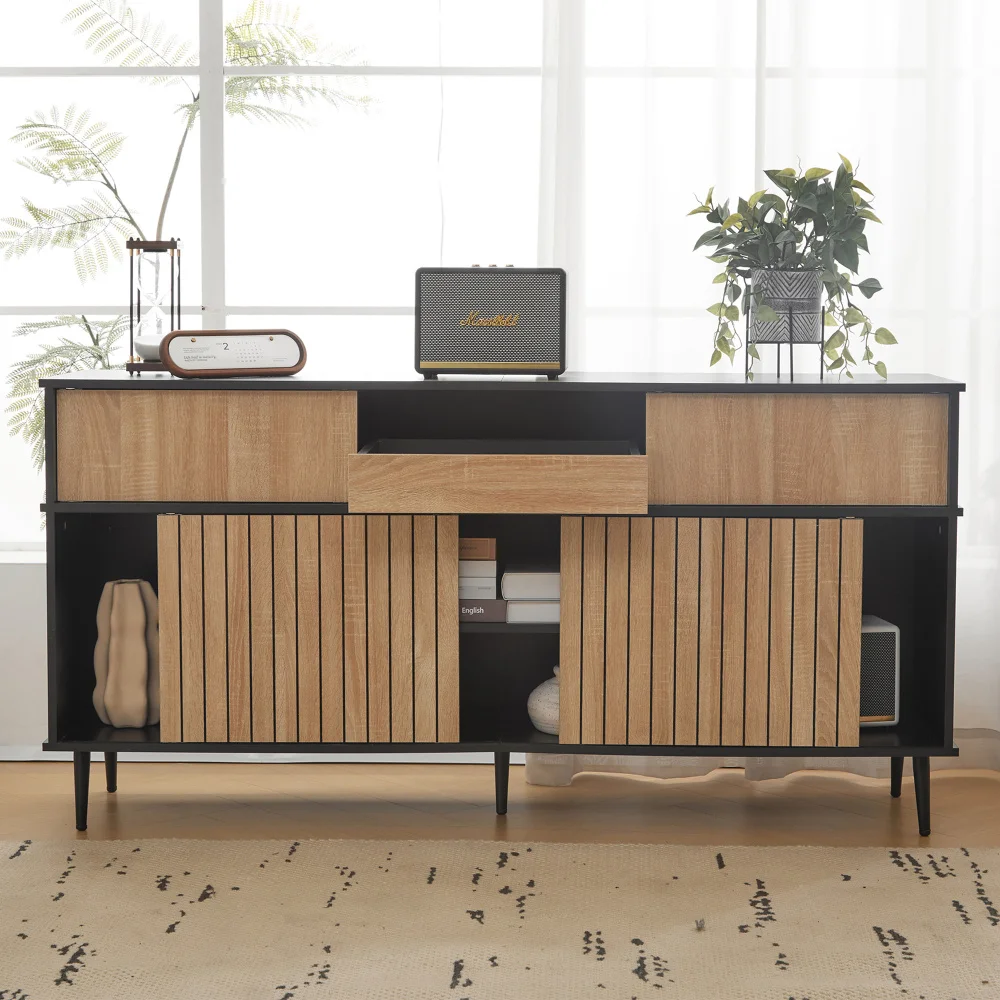 PINGGO Kommode mit 4 Schiebetüren und 1 Schublade, Eiche kombiniert mit Schwarz, multifunktionale Aufbewahrung für Schlafzimmer, Wohnzimmer, Flur – Detail 9