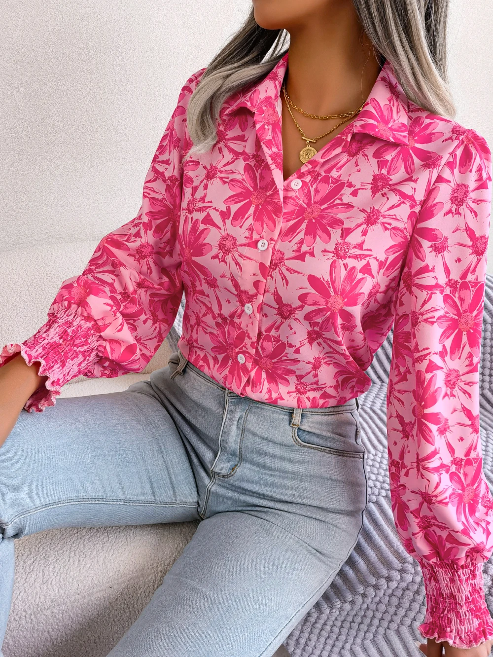 Women Floral Chiffon Autumn Casual Shirt