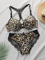 Women's sexy lingerie set with front buckle leopard print lace crossed back with steel ring gathered push up bra set A3159