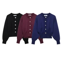 Willshela Women Fashion Solid Single Breasted Knitted Sweater Vintage O-Neck Long Sleeves Female Chic Lady Outfits