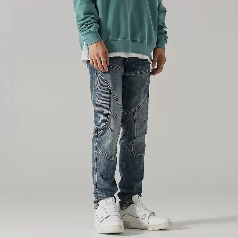 Street Fashion Men Jeans Retro Blue Elastic Slim Fit Spliced Biker Jeans Men Punk Trousers Patched Designer Hip Hop Pants Hombre
