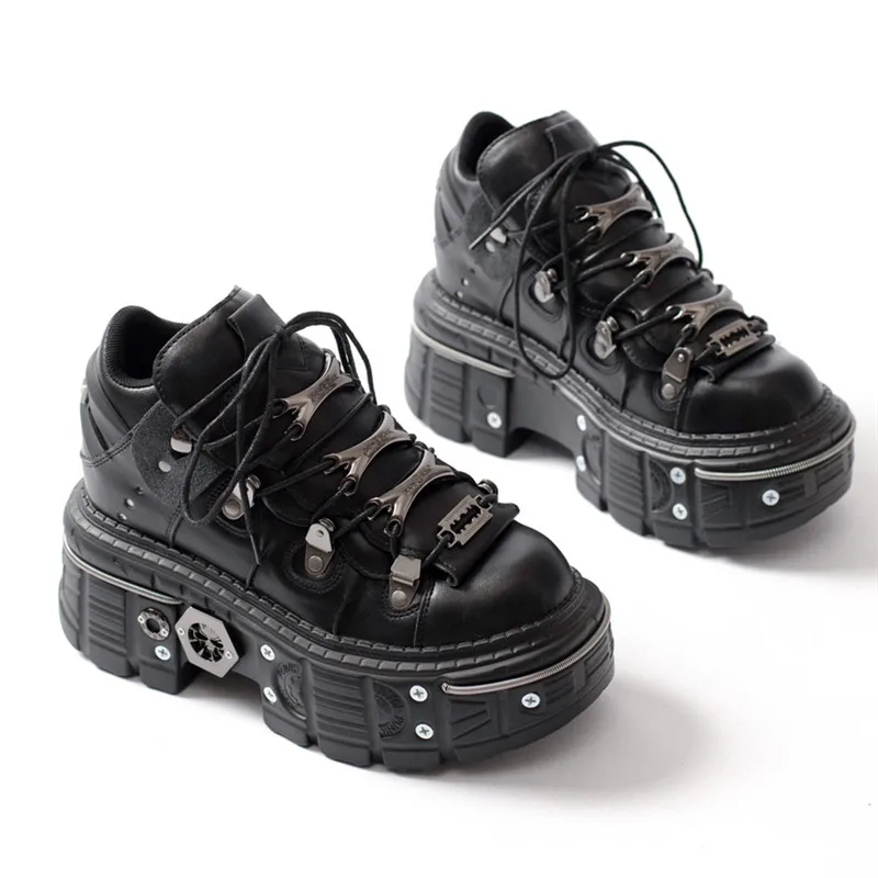 Fashion Women Punk Platform Shoes for Woman's Lace-Up Round Toe Metal Decoration Thin Heels Sneakers Gothic Party Nightclub Shoe 6