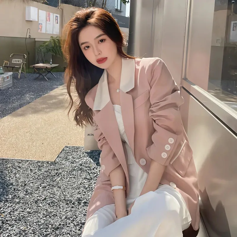 

Pink Blazers Coat Women Korean Contrast Spliced Notched Single Breasted Blazer Jacket All-Match Daily Chic Streetwear Outwears