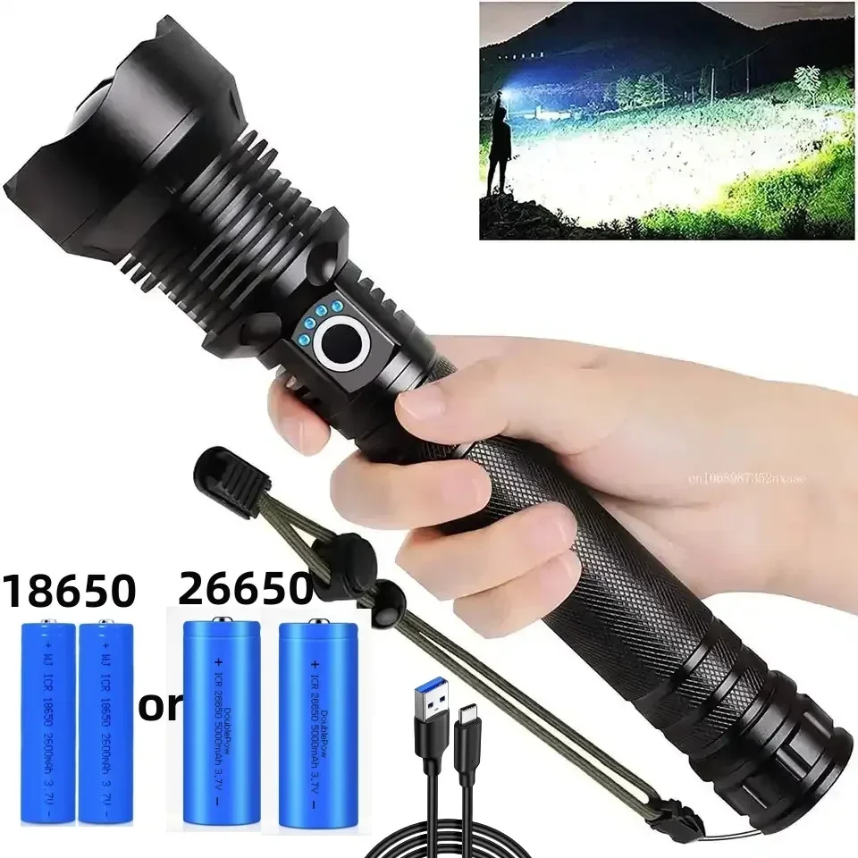 Flashlight Torch USB xhp70.2 Super Bright Rechargeable Zoom LED Tactical 18650 or 26650 Battery Camp Lamp