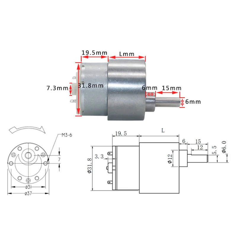 높은 토크 금속 기어 전기 모터 JGB37-500, 37mm 기어 모터, 12V 24V DC 기어 모터