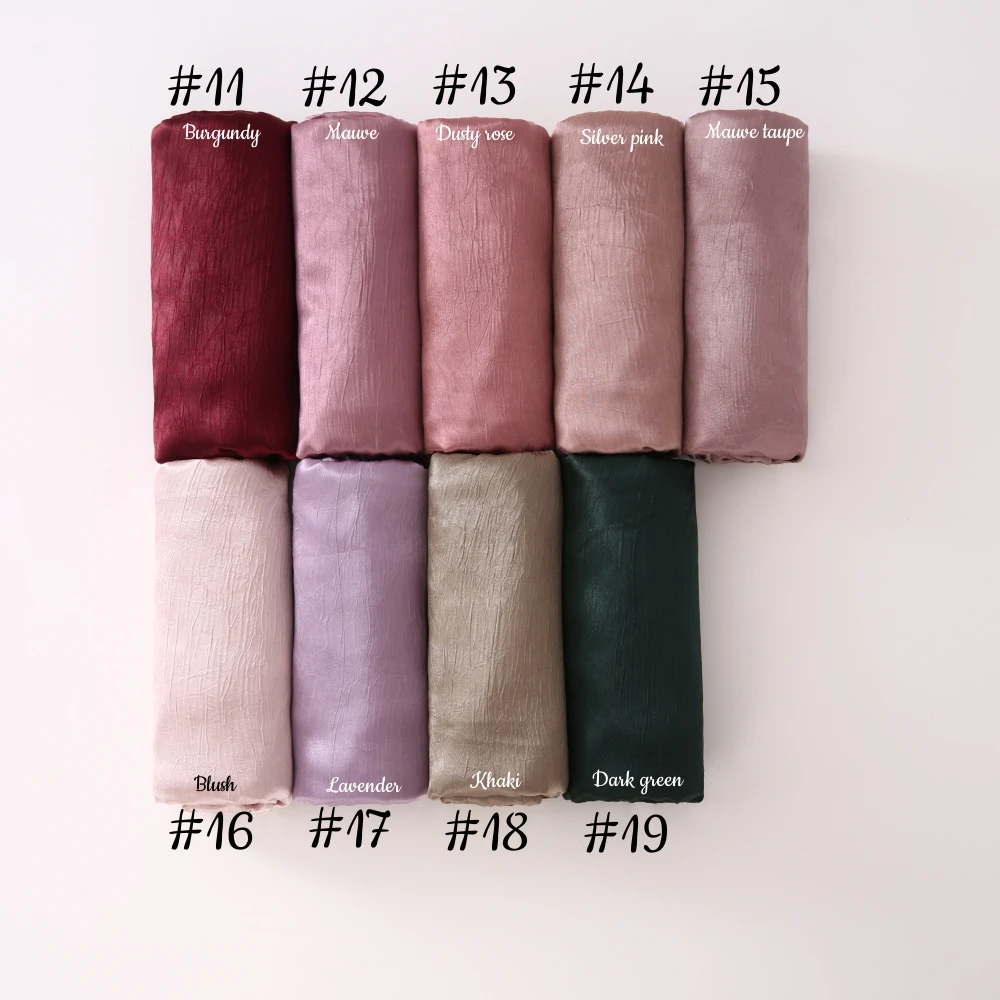 Women Plain Silk Satin Hijab Scarf Different Sides Bark Wrinkles Solid Color Long Shawl Muslim Women Smooth Silk Like Underscarf 2