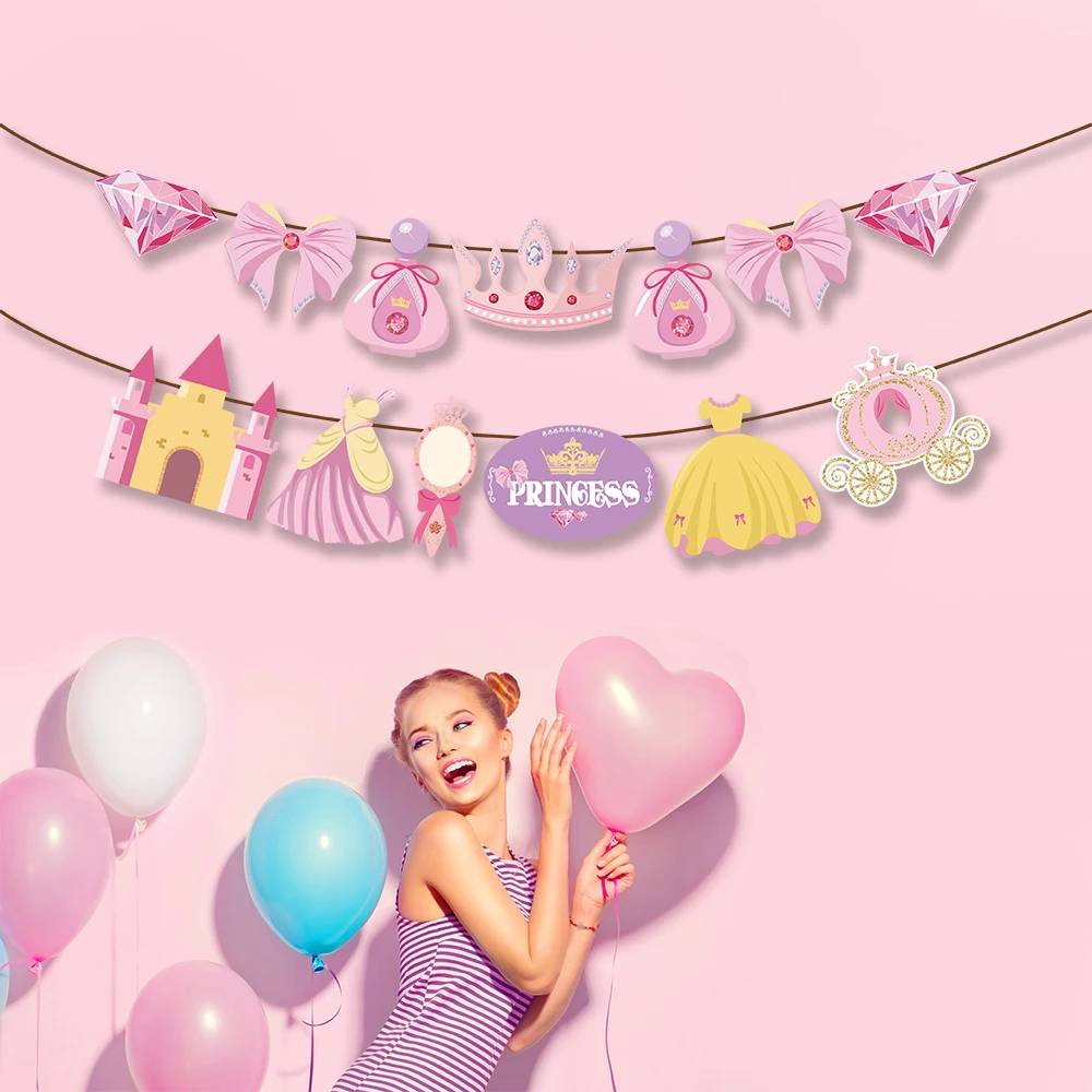 

Sweet Baby Girl ONE BIRTHDAY Party Cartoon Crown Princess Dreamy Castle Party Hanging Banner Flags Baby Shower Party Decorations