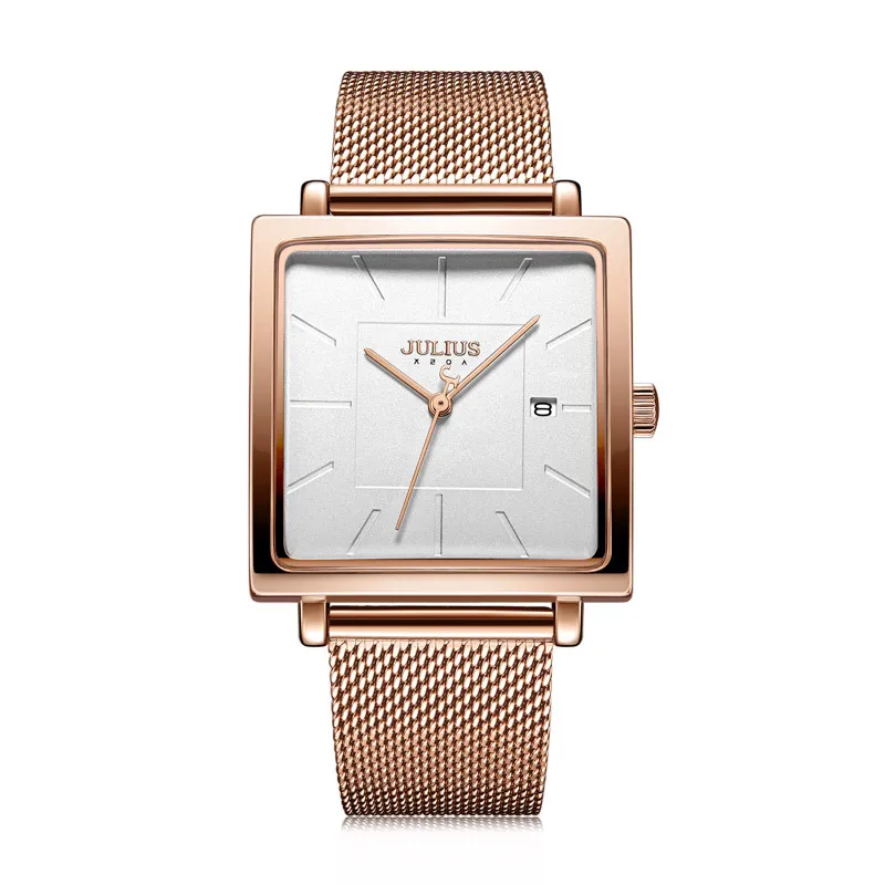 JULIUS Rose Gold Bangle Bracelet Surface Large Dial Square Personality Simple Calendar Net Belt Fashionable Generous Women Watch 