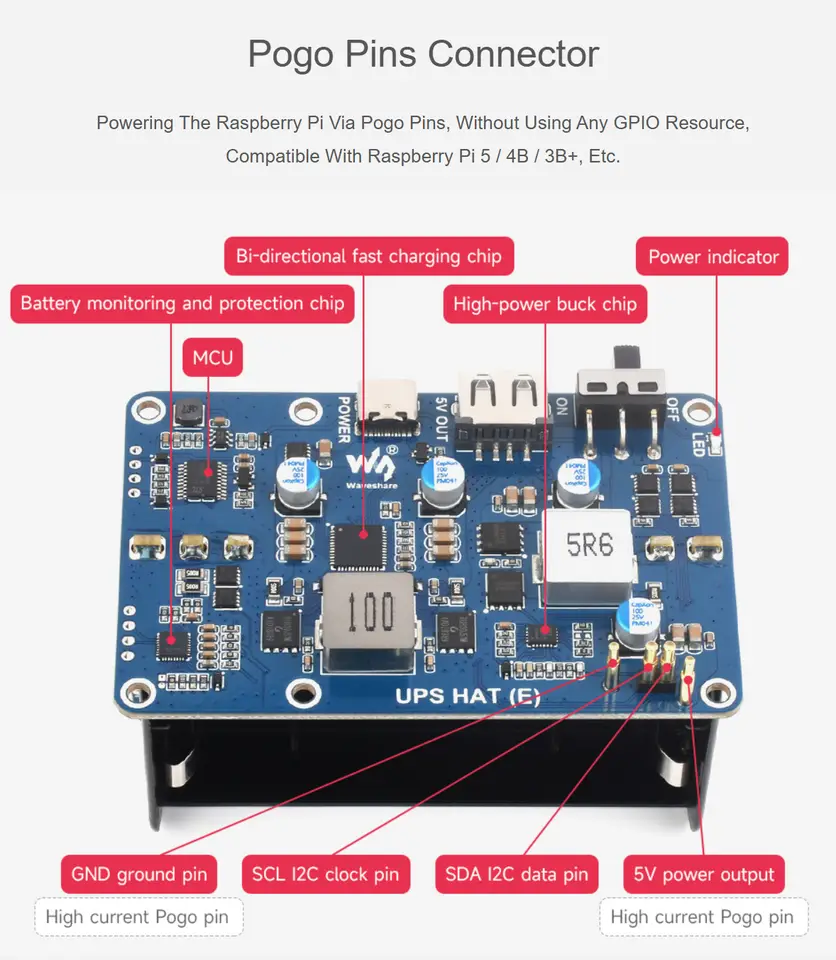 UPS HAT (E) for Raspberry Pi Supports 4× 21700 Li Batteries (NOT included) Bi-Directional Fast Charging 5V 6A Output image 6