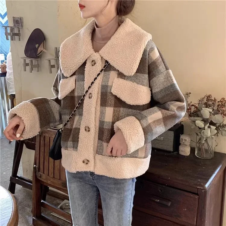 

Vintage Patchwork Lamb Wool Cotton-padded Jacket Women Fashion Plaid Single Breasted Coat Female Winter Fleece Outwear Clothes