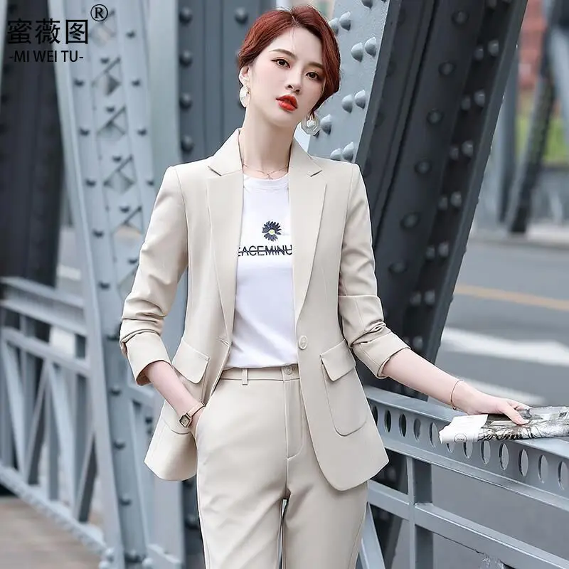 

S-4xl Womens Pant Suits Autumn Spring Female Blazer 2pcs Sets Long Sleeve Solid Single Button Office Ladies Clothes H238