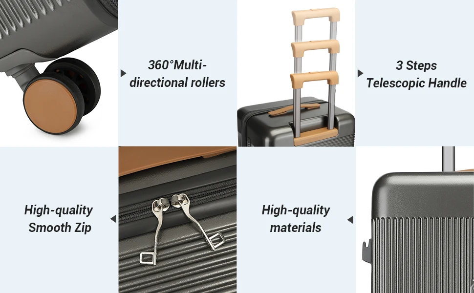 Luggage features including 360-degree wheels, telescopic handle, smooth zipper, and high-quality materials. Multiple panels show different components of a suitcase.