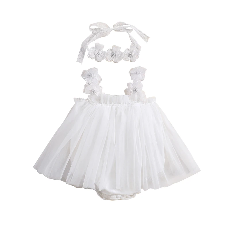 

Костюм для новорожденных девочек из двух предметов, летний сетчатый комбинезон без рукавов, платье и эластичная повязка на голову, одежда для малышей