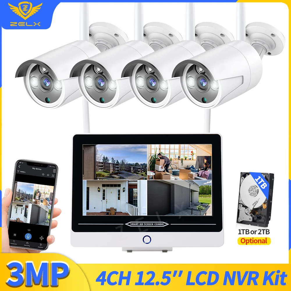 3MP Bullet Camera Outdoor Home CCTV Security System NVR 8 CH Kits Встроенный 12 5 ЖК-монитор 4 камеры Запись