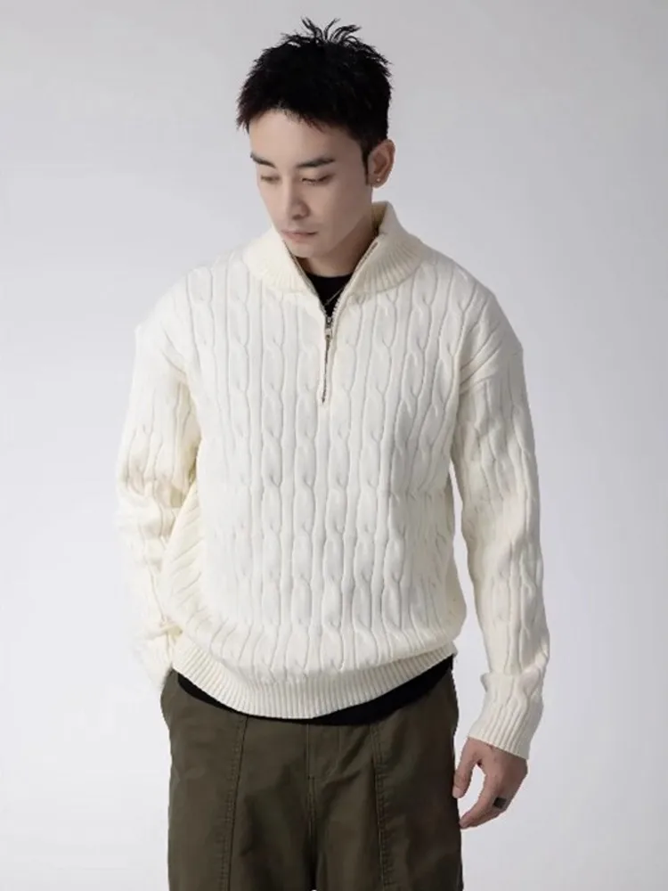 Vintage Mens Winter Zipper Turtleneck Sweater Jumpers Solid Colors Long Sleeve Knitted Pullover Tops Casual Streetwear Sweaters