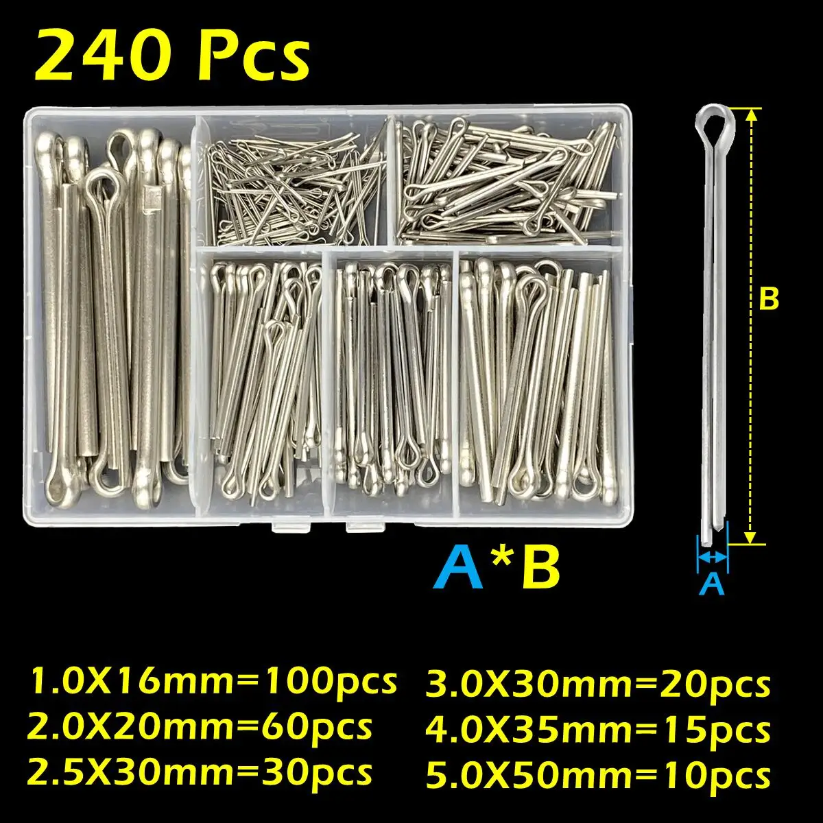Stainless Steel Cotter Pin Kit 150/240 Pcs Split Pin Assortment Whistle U Fixings Assorted Sizes M1 M1.5 M2 M2.5 M3 M4 M5