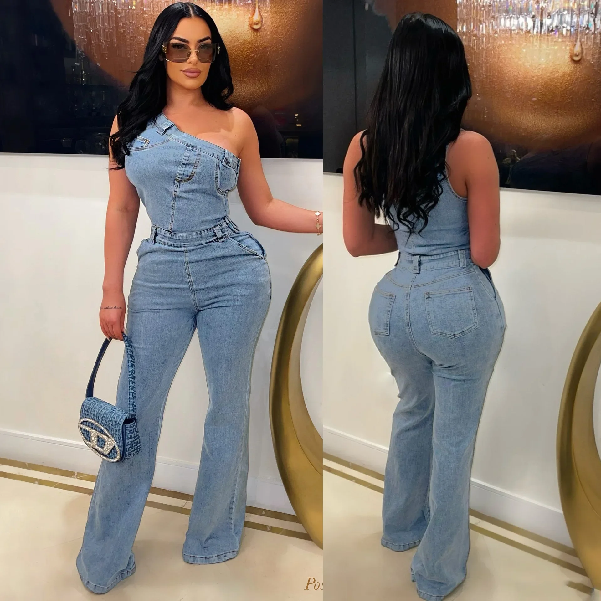 Women Skew Collar Sleeveless Cargo Flare Denim Jumpsuits Washed Oufits Street Club One Piece Jeans Rompers 2024 Summer