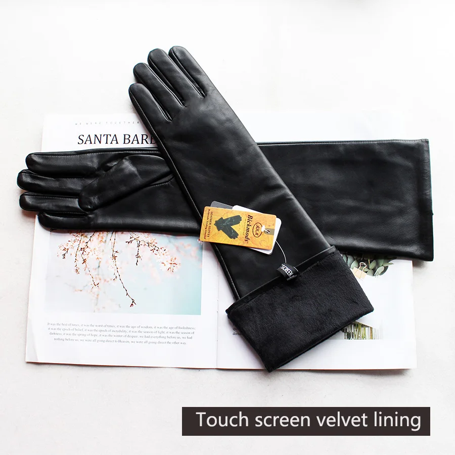 Touch screen sheepskin leather long gloves women with thin silk lining  winter windproof and warm velvet lining men's sleeves - AliExpress
