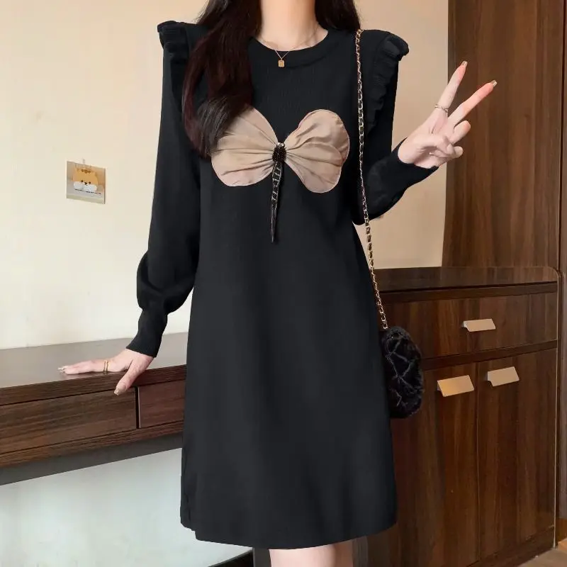 Plus Größe Herbst Winter Neue Stil Französisch Temperament Süße Taille Sweatshirt Rock frauen Samt Kleid – Detail 4