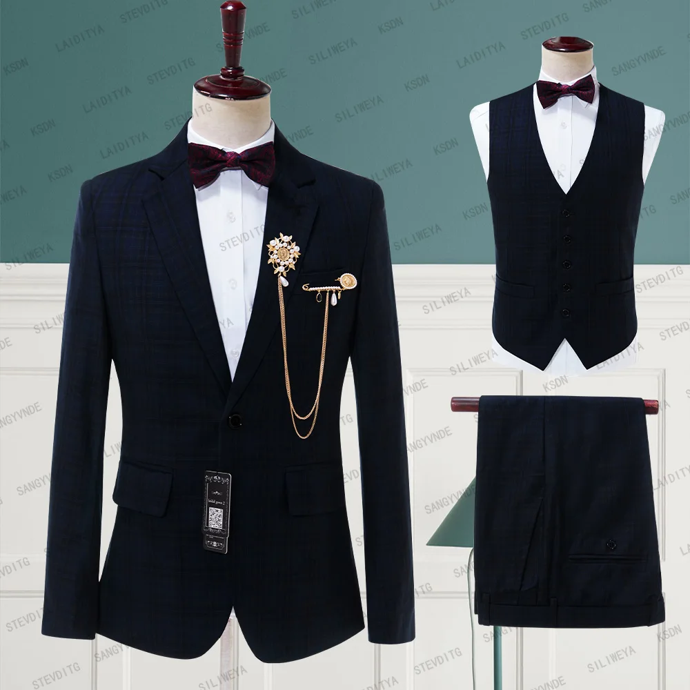 

2023 New Fashion Dark Blue Plaid Party Costumes Mens Wedding Jacket Singer 3 Pieces Suits Blazer Hombre Male Evening Masculin