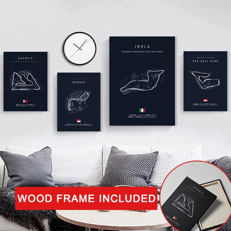 

Framed Formula 1 Imola Monaco Track Circuit Canvas Painting F1 Art Nordic Posters and Prints Wall Pictures for Living Room Decor