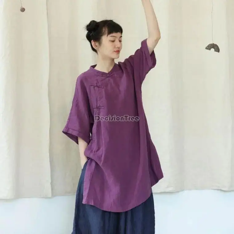 Cheongsam shirt women's summer loose chinese retro buckle stand up collar medium length comfortable chinese retro blouse