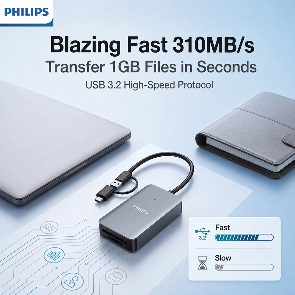 Philips Dual Slot High-Speed USB & Type-C Card Reader with Simultaneous SD/TF Reading
