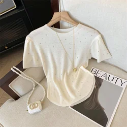 Summer TShirt Women Elastic Diamond T-Shirt Woman Clothes Female Tops Sleeveless Tank Women's tube top knit Slim Tshirt clothing