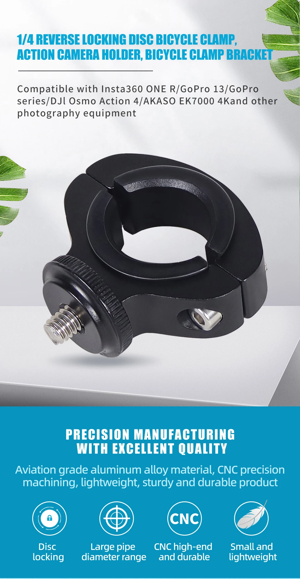 Aluminum Alloy Bike Bicycle Handlebar Mount for GoPro Hero13 10 9 8 7 1/4 Screws