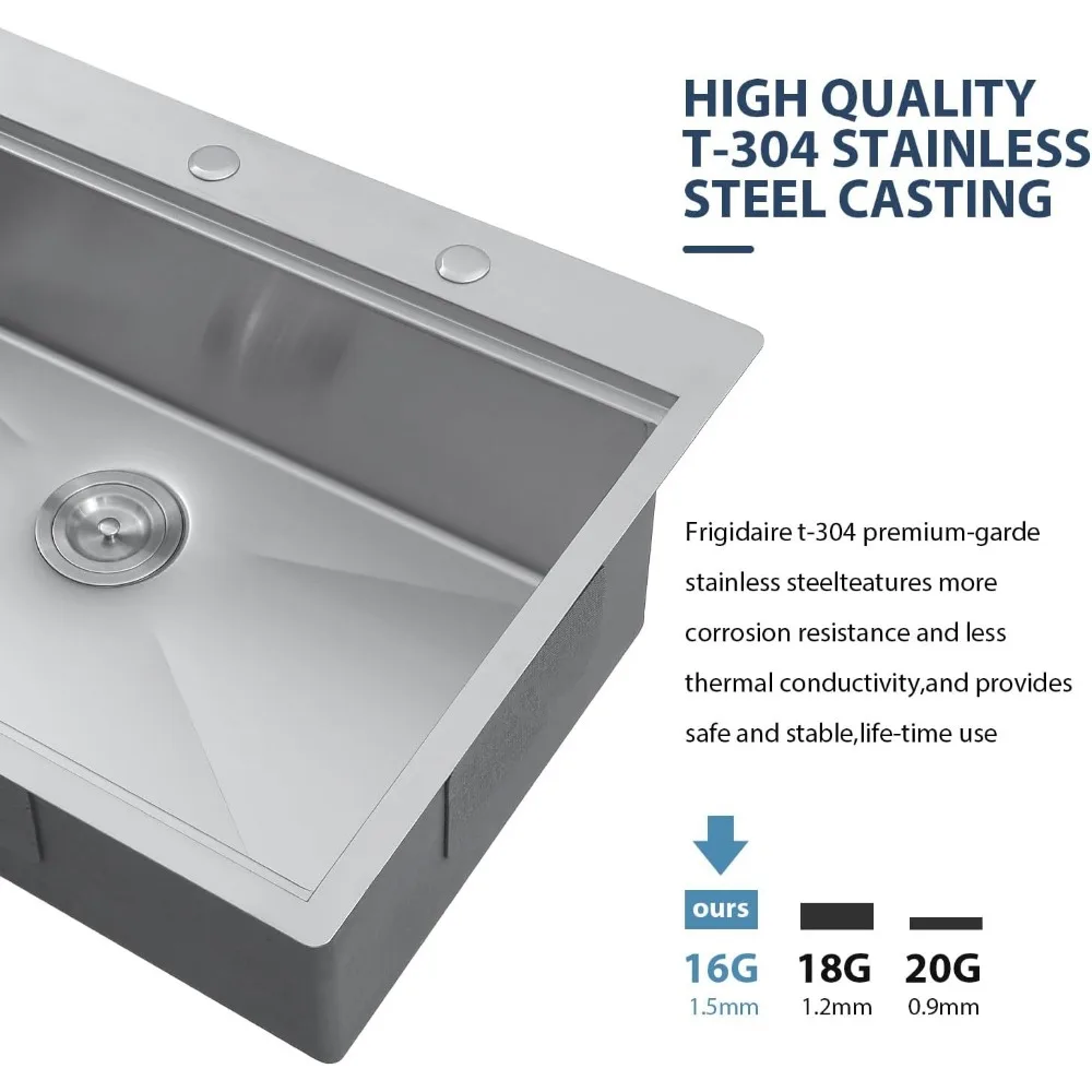 33x22 Kitchen Sinks Workstation, Drop In Stainless Steel Single Bowl Handmade Topmount Kitchen Sink w/Cutting Board 3