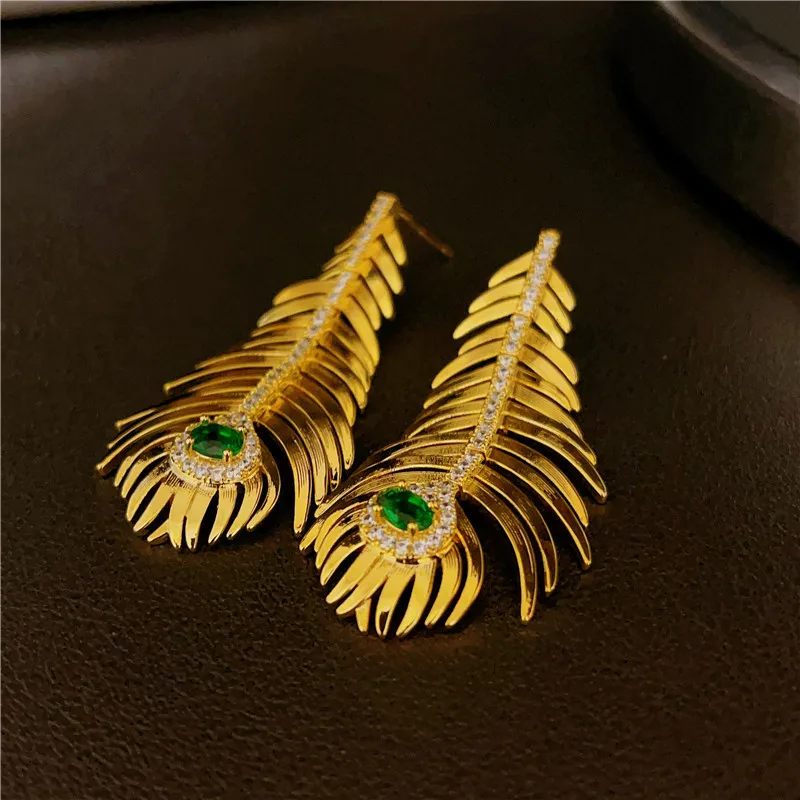 

Premium golden feather leaf earrings for women classic green gem vintage romance jewelry