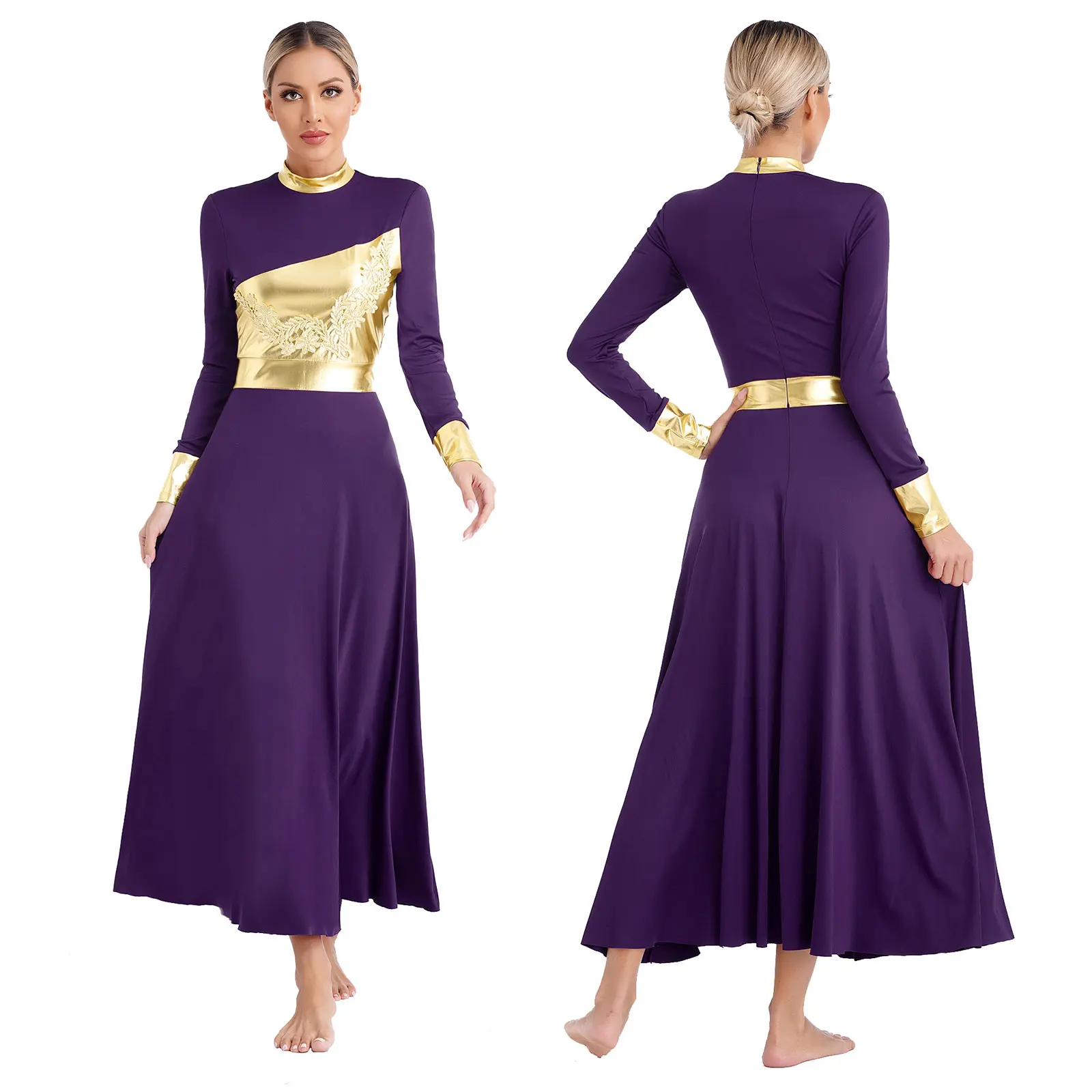 thumbnail image 1 of Vestido de baile litúrgico de manga larga para mujer, trajes de adoración metálicos brillantes, vestido de fiesta de graduación con apliques de manga larga, 1 of 5