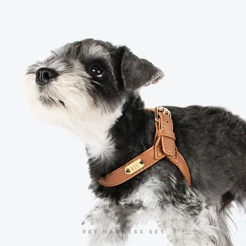 Y shaped leather pet harness for cat and small dogs metal accessories dog harness with leash set no pull light weight pet vest